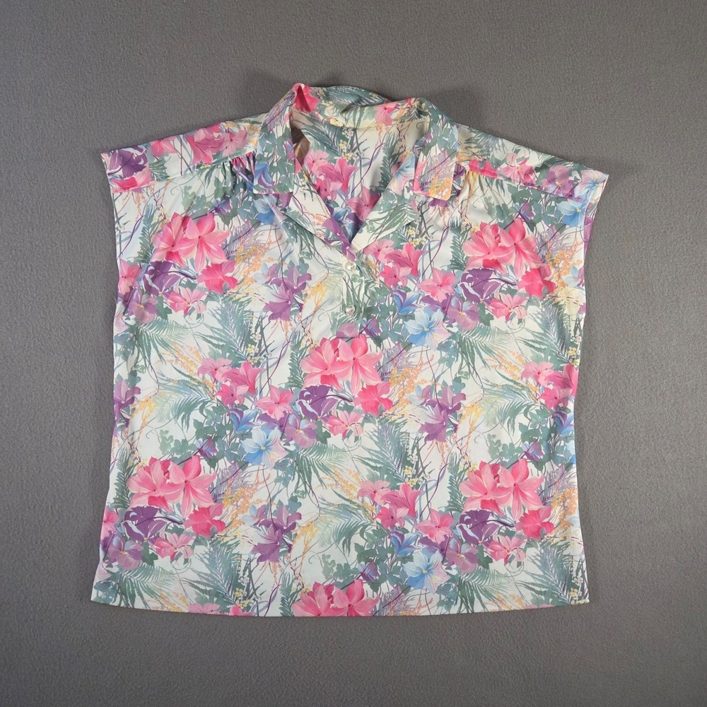 Vintage 70s Floral Sleeveless Tunic Blouse Womens Large Pink Blue Hippy Top